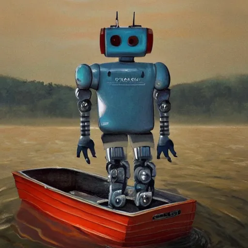 Prompt: a portrait of a robot in a boat, a roomfull of water,