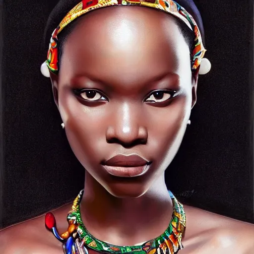 Prompt: A masterpiece portrait of a Incredibly beautiful African girl albino model. With big bright African jewelry. In African clothes. Vogue. trending on artstation, digital art, by Stanley Artgerm Lau, WLOP, Rossdraws, James Jean, Andrei Riabovitchev, Marc Simonetti, Yoshitaka Amano