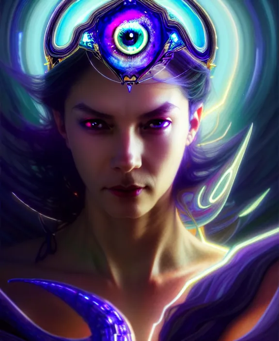 Image similar to a whirlwind of souls rushing inside the metaverse, half body, glowin eyes, tiara with sapphire, pharaoh, android, cyberpunk, d & d, fantasy, intricate, elegant, highly detailed, colorful, vivid color, digital painting, artstation, concept art, art by artgerm and greg rutkowski and alphonse mucha and ruan jia