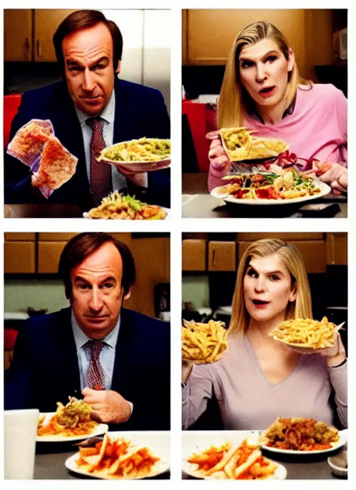 Image similar to polaroid of saul goodman and kim wexler scarfing down food, mukbang, dripping juices, gorging, disgusting