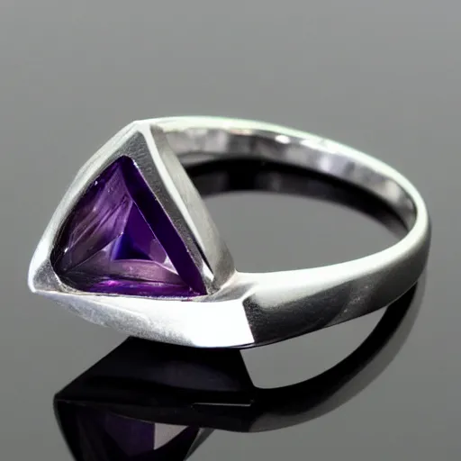 Prompt: a beautiful engagement ring, triangle purple gemstone, made out of shiny silver, high quality, photo realistic, detailed, 8k