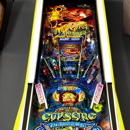 Image similar to full view of a cosmic horror pinball machine, photo