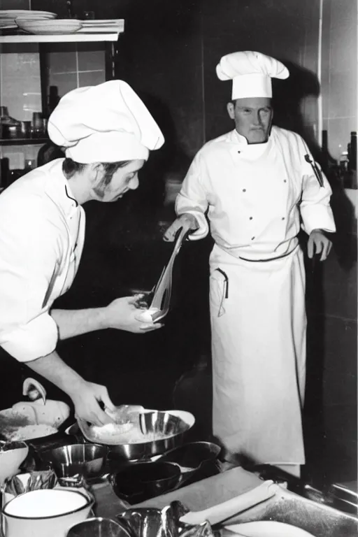 Image similar to A chef with a chef's hat taller than him, Ansel Adams