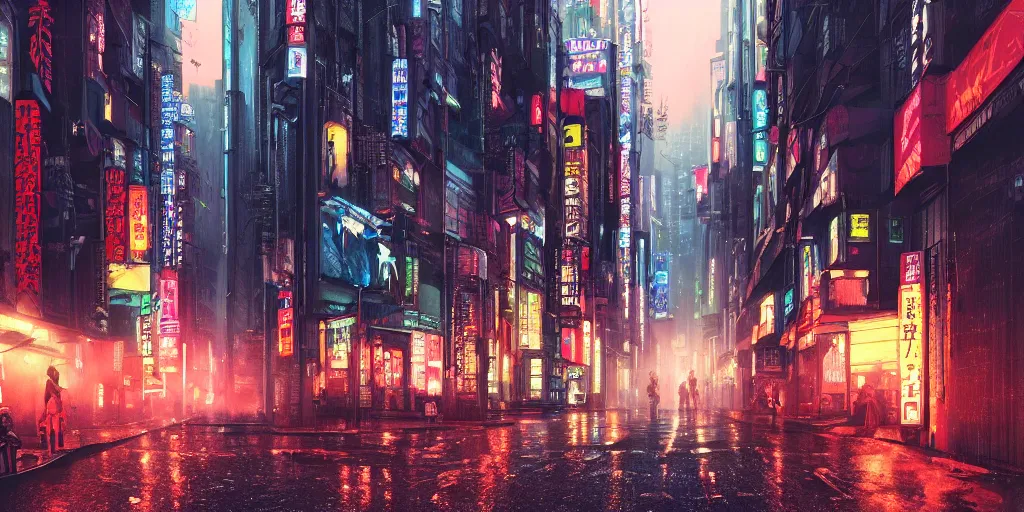 Prompt: Cyberpunk street on a rainy day in Japan, evening, low angle view, detailed matte painting, cinematic, Moebius, Artstation