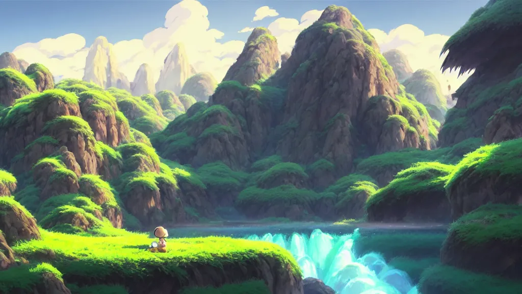 Image similar to mountainside landscape, studio ghibli, pixar and disney animation, sharp, rendered in unreal engine 5, highly detailed, digital painting, artstation, concept art, smooth, sharp focus, illustration, wide angle, artbook, wallpaper, splash art, promo art, dramatic lighting, art by artgerm and greg rutkowski and bo chen and jin xiaodi