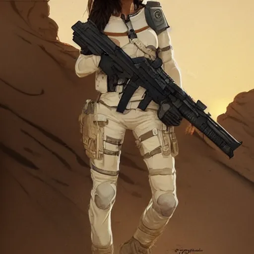 Image similar to portrait of an attractive white female anthro wolf in the desert, wearing tactical gear, 4 k, trending on artstation, by artgerm, greg rutkowski, alphonse mucha