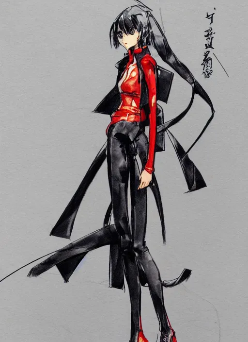 Image similar to a yoji shinkawa sketch of a slim girl with long legs and hair wearing an evangelion pilot outfit and a long black coat inspired by a japanese kimono