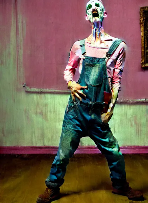 Prompt: an insane, skinny artist wearing torn overalls, expressively, physically fighting with a ghost inside a grand studio, depth of field, hauntingly surreal, highly detailed oil painting, by francis bacon, edward hopper, adrian ghenie, glenn brown, soft light 4 k, pink and green colour palette, cinematic composition, cinematic lighting, high quality octane render, masterpiece