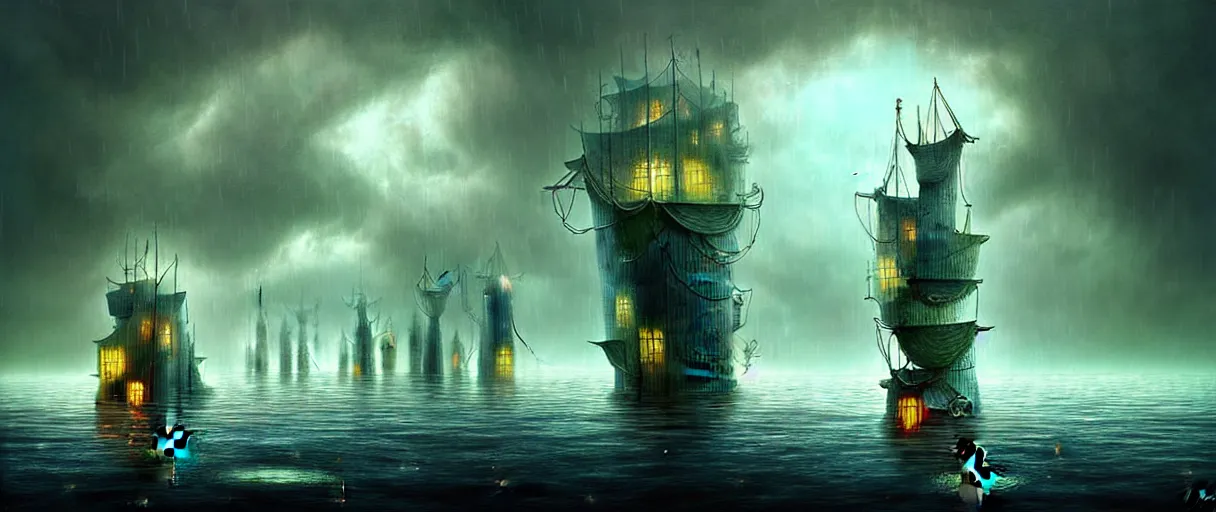 Prompt: cruising ship sailing at miniature megalopolis future, raining night at flooded miniature city, nice huge insane godrays, god helping mystic soul by, gediminas pranckevicius