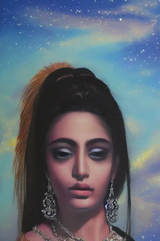 Image similar to hyperrealism oil painting, close - up portrait of european brunette indian fashion model, queen, steel gradient mixed with nebula sky, in style of baroque mixed with 7 0 s japan book art