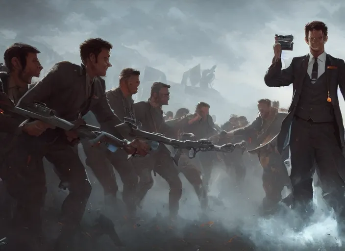 Image similar to epic cinematic action artwork of a man in his twenties with brown hair wearing a blue business suit and holding a briefcase standing defiantly in front of an army of warriors by Greg Rutkowski, 4k, masterpiece