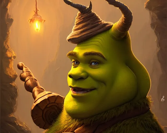 Prompt: shrek, dressed as a wizard, yellow skin, with horns, deep focus, d & d, fantasy, intricate, elegant, highly detailed, digital painting, artstation, concept art, matte, sharp, illustration, hearthstone, art by artgerm and greg rutkowski and alphonse mucha