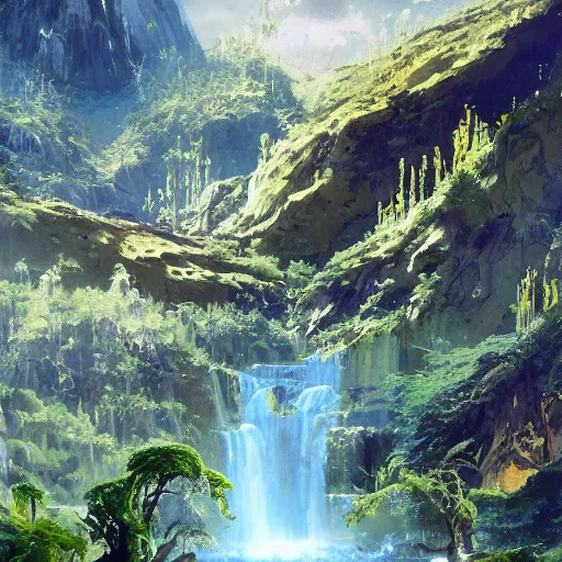 Image similar to detailed illustration of a lush natural scene on an alien planet by john berkey. beautiful landscape. weird vegetation. cliffs and water.