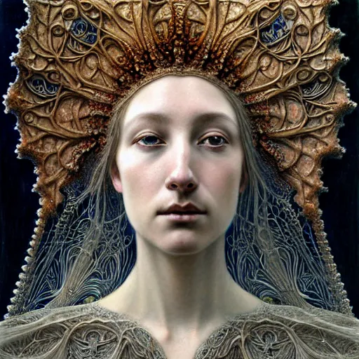 Prompt: detailed realistic beautiful young medieval queen face portrait by jean delville, gustave dore, iris van herpen and marco mazzoni, art forms of nature by ernst haeckel, art nouveau, symbolist, visionary, gothic, neo - gothic, pre - raphaelite, fractal lace, ai biodiversity, surreality, intricate hyper detailed ultra sharp octane render