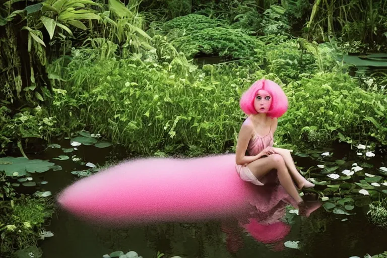 Prompt: 1 9 7 6 woman with huge pink candy floss hair floats in a pond, surrounded by a detailed forrest of lily leaves, deep focus, intricate, elegant, highly detailed, matte, sharp focus, photography of gregory crewdson
