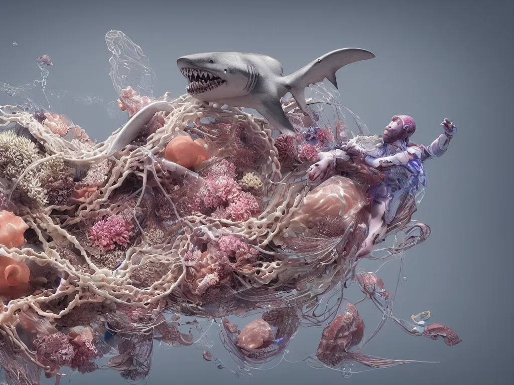 Image similar to a sculpture of ocean shark intertwined, a lovely cornucopia of flowers and human body parts, jellyfish, highly detailed, octane render, cinematic, shock, sharp focus