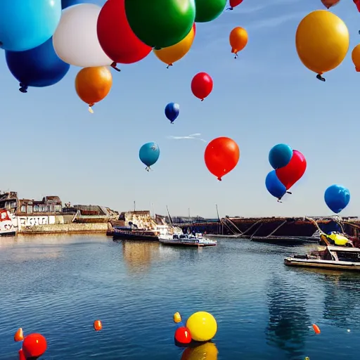 Image similar to photo of a lot of birthday balloons floating above a beautiful maritime port in bretagne. sharp focus, highly - detailed, award - winning, epic cinematic