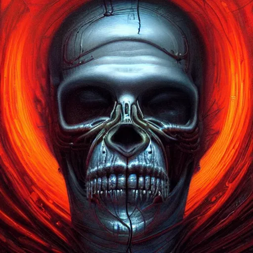 Image similar to surreal portrait of a man by Greg Rutkowski and H.R Giger, a biomechanical skull from whose sockets a red light emanates, between human and alien, connected by pipes and cables, terrifying, disturbing, cosmic void background, frightening, fascinating, highly detailed portrait, digital painting, book cover, artstation, concept art, smooth, sharp foccus ilustration, Artstation HQ.