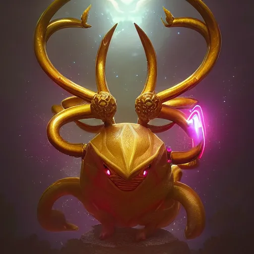 Image similar to pokemon with many horns:: by beeple and James Gilleard and Justin Gerard :: ornate, dynamic, particulate, intricate, elegant, highly detailed, centered, artstation, smooth, sharp focus, photoreal octane render, 3d