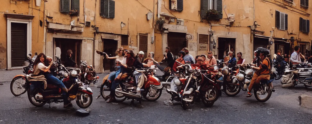 Image similar to a group of people on the streets of rome riding in a motorcycle made of spaghetti, canon 5 0 mm, cinematic lighting, photography, retro, film, kodachrome