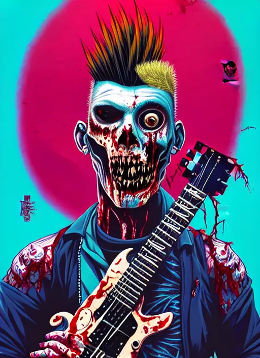 Image similar to a zombie punk rocker with a mohawk playing electric guitar, tristan eaton, victo ngai, artgerm, rhads, ross draws