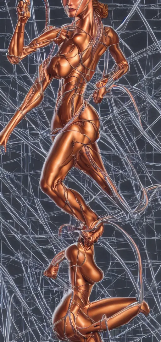 Prompt: beauty woman emerging from wires and digital displays, very detailed, dramatic lighting, mechanical details, electrical details, high details, 4k, 8k, trending on artstation, by Hajime Sorayama and Boris Vallejo