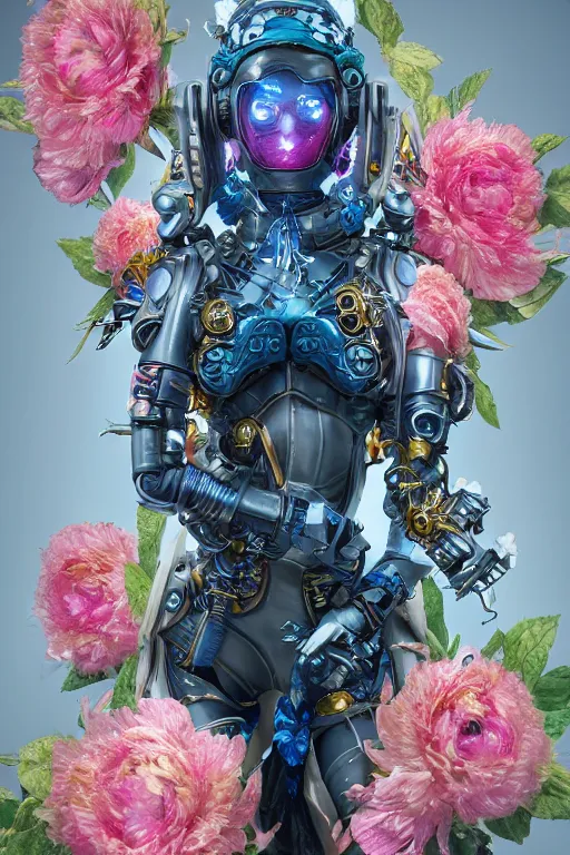 Image similar to full body head to toe portrait of a flowerpunk sci-fi cyborg ninja, third person, D&D, sci-fi fantasy, intricate, blue and gold, daisy and rose and peony, highly detailed, art by Range Murata, highly detailed, 3d, octane render, bright colors, digital painting, trending on artstation, sharp focus, illustration style of Stanley Artgerm, dramatic background