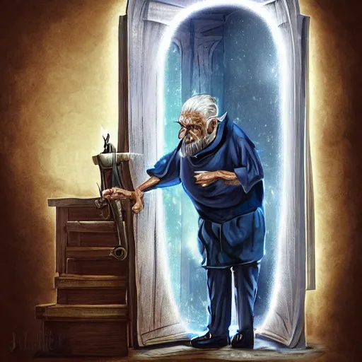 Image similar to old man going through a door to another dimension, fantasy, 4 k, digital art,