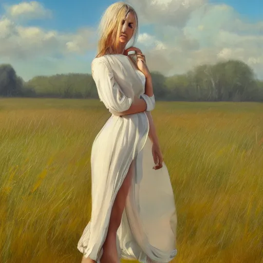 Image similar to a vogue model in a field, oil painting, pale colors, high detail, 8 k, wide angle, trending on artstation,