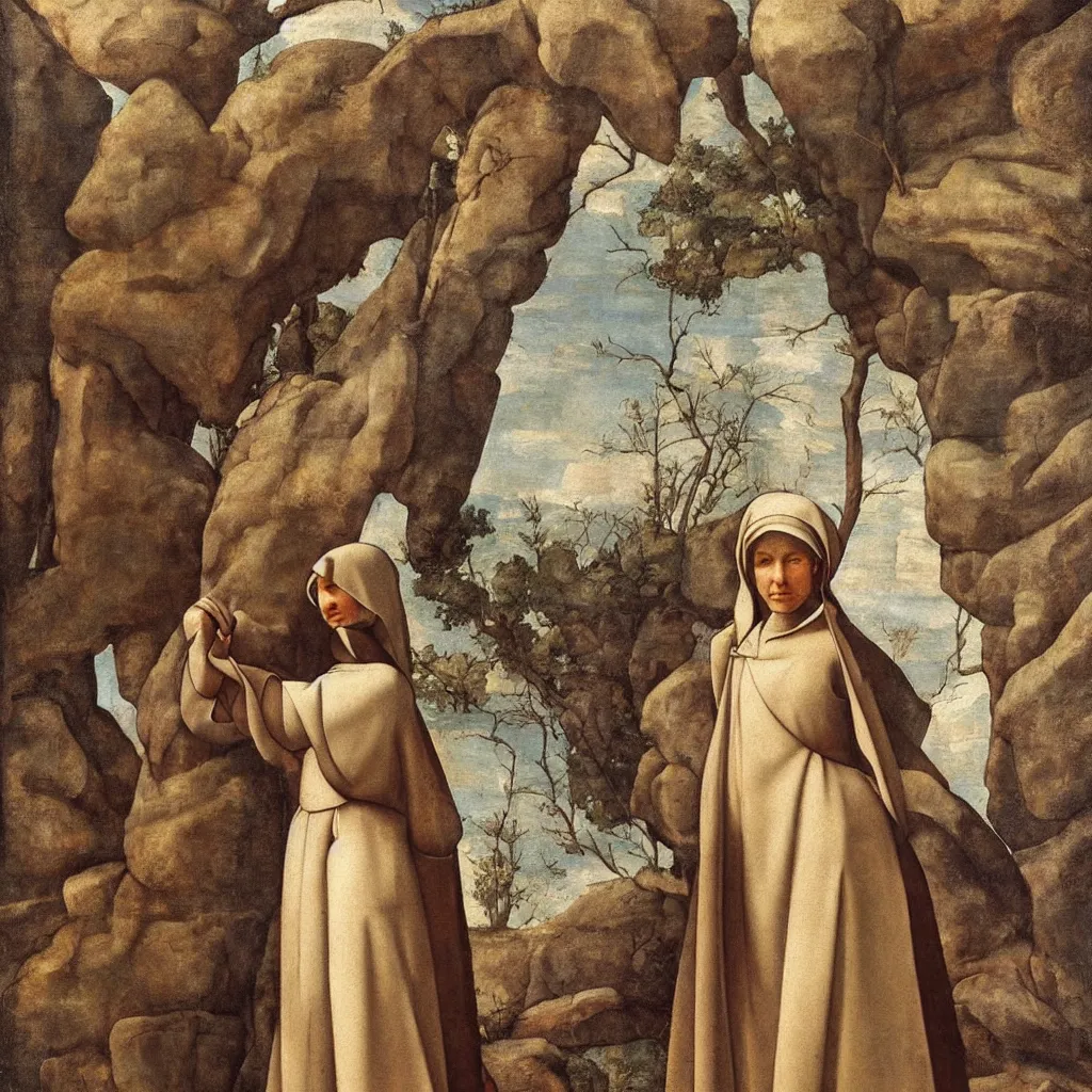 Image similar to a very detailed oil painting of the nun sainte claire wearing clarise habit, beautiful landscape background, half figure by michelangelo