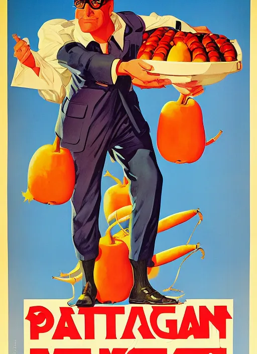 Prompt: american propaganda poster. cyberpunk fruit salesman. portrait by jean giraud and anton otto fischer and john philip falter and will eisner and gil elvgren. realistic proportions. character art. science fiction d & d. tf 2, overwatch.