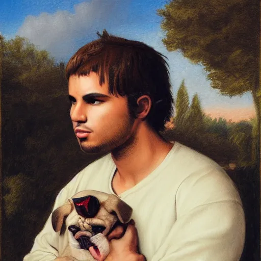 Image similar to self portrait, young white hispanic handsome man with short light brown hair and light skin and a 5 o clock shadow, holding a pug for a picture, fighting against 2 swordsmen pencil art, added detail, high definiton, colored, backfacing, illustrated by raphael