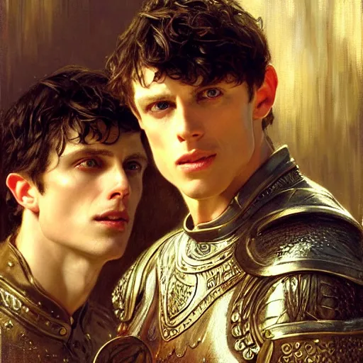 Image similar to arthur pendragon and merlin. close up of their faces. natural lighting. highly detailed painting by gaston bussiere, j. c. leyendecker, greg rutkowski 8 k