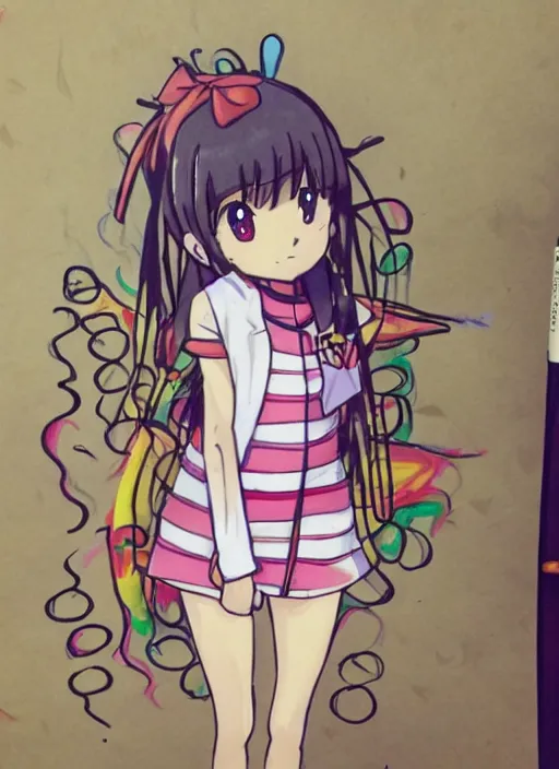 Prompt: very poorly drawn anime girl, cute outfit, posing, crayon art, very silly looking, very anime, interacting with real world