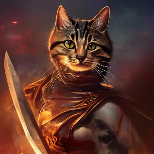 Image similar to a hyper realistic cat warrior, ultra detailed, magic the gathering art, digital art, cinematic, studio lighting, background battlefield, fantasy,