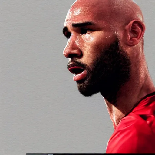 Image similar to a film still portrait of footballer terrence boyd, bald, red shirt, finely detailed features, closeup at the face, perfect art, trending on pixiv fanbox, painted by greg rutkowski makoto shinkai takashi takeuchi studio ghibli akihiko yoshida