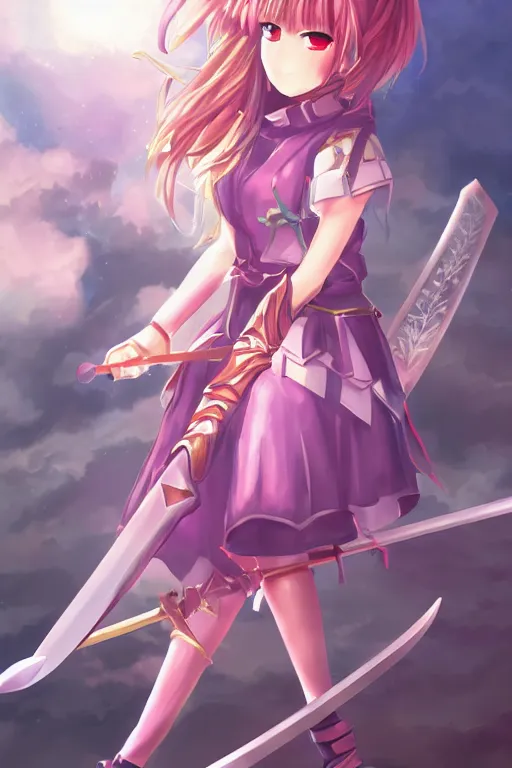 Prompt: an anime girl warrior princess holding a sword, candy pastel, backlighting, trending on pixiv, digital art, by kawacy