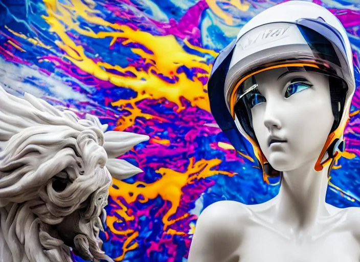 Image similar to extremely beautiful photo of a white marble statue of an anime girl with colorful motocross logos and motorcycle helmet with closed visor, colorful smoke in the background, carved marble statue, fine art, neon genesis evangelion, virgil abloh, offwhite, denoise, highly detailed, 8 k, hyperreal