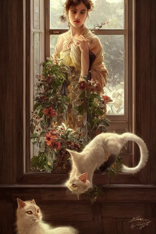 Image similar to cottagecore appartment with 100 cats playing inside, beautiful Hair, studio gibly, intricate, elegant, highly detailed, digital painting, artstation, concept art, smooth, sharp, focus, illustration, art by artgerm and greg rutkowski and alphonse mucha