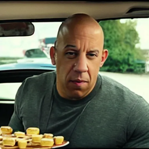Image similar to movie still of vin diesel eating waffles in a car