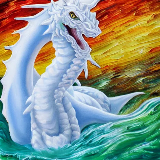 Image similar to highly detailed oil painting of a white dragon sitting in a colorful hotspring