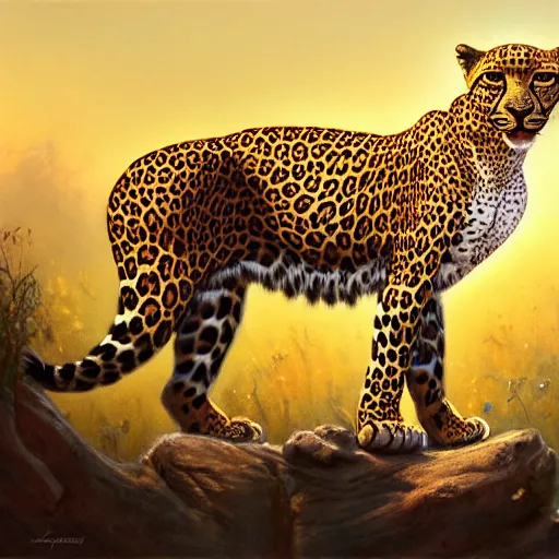 Image similar to graceful leopard in summer nigt, beautiful colour palette, oil paint on canvas, sharp textures, biotechnology, nikolay georgiev, alex ross, bruce pennington, donato giancola, larry elmore, masterpiece, trending on artstation, featured on pixiv, cinematic composition, sharp, details, hyper - detailed, hd, hdr, 4 k, 8 k