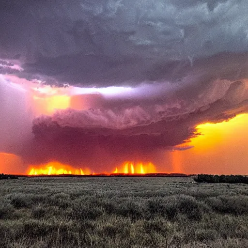 Image similar to enormous creature in the fiery plains during a thunderstorm, seen from a distance, rtx on