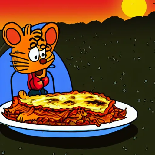 Image similar to Garfield eating lasagna in a cemetery, gravestone says Jon Arbuckle, full moon in background, starry sky with clouds, horror, spooky, photorealistic, 8k resolution,