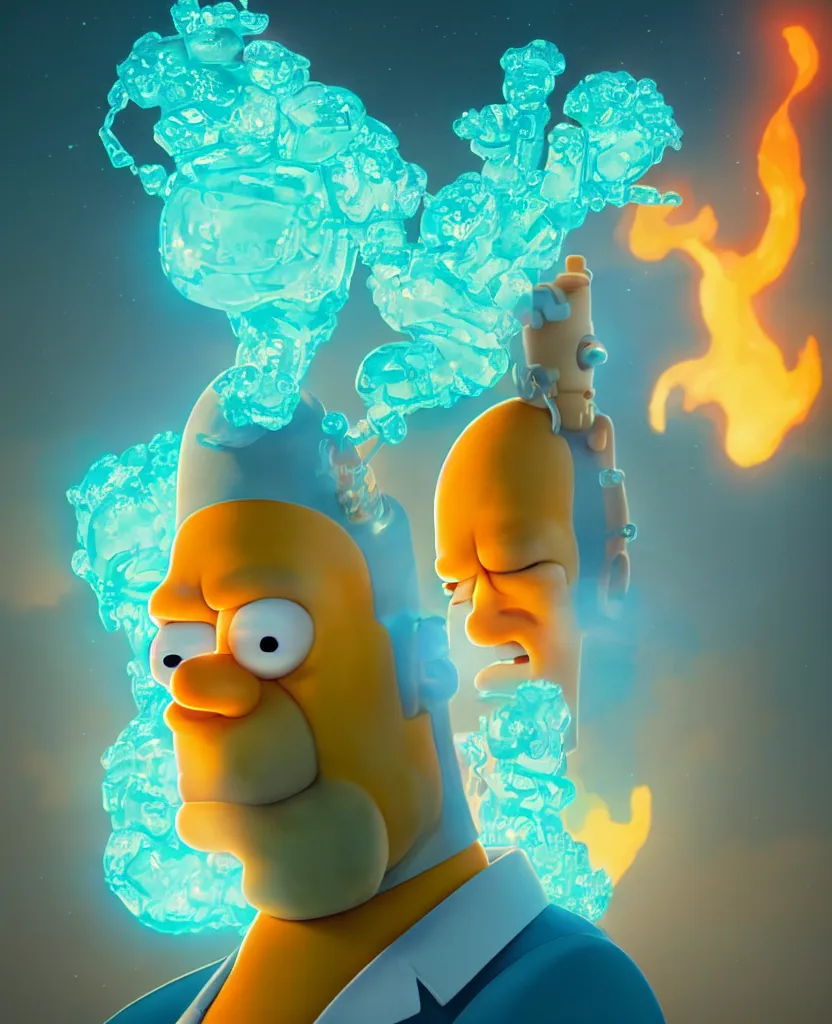 Prompt: Homer Simpson centered portrait. ice and fire, bioluminiscent creatures, intricate artwork by Tooth Wu and wlop and beeple. octane render, trending on artstation, greg rutkowski very coherent symmetrical artwork. cinematic, hyper realism, high detail, octane render, 8k