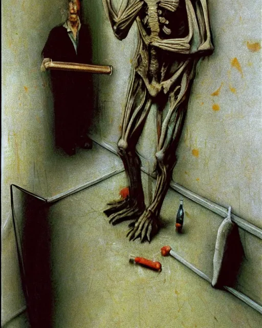 Image similar to realistic detailed image of a ribcage and a crying man holding a hammer in style of Francis Bacon and Willem de kooning, interior room, messy living room. Still from 1982 movie The Thing. Beksiński Masterpiece