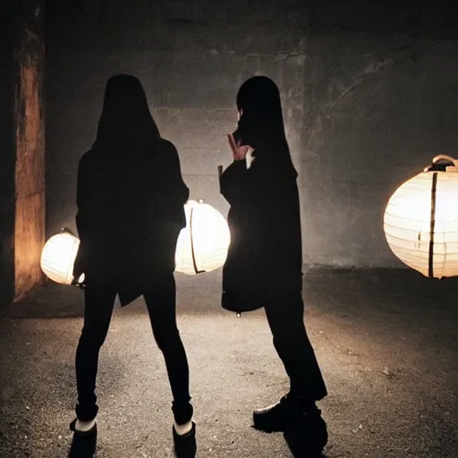 Prompt: a tiny nightclub with a few chinese lanterns, a couple of modern subculture teenagers standing and talking to each other, wearing black modern clothes, designed by rick owens, by gregory crewdson