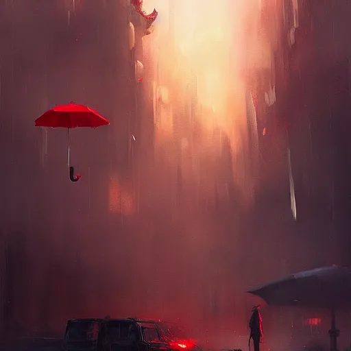 Image similar to red sky with big umbrella, dramatic lighting,, painted by raymond swanland, painted by greg rutkowski, painted by jeremy mann, painted by artgerm, painted by igor kieryluk, trending on artstation