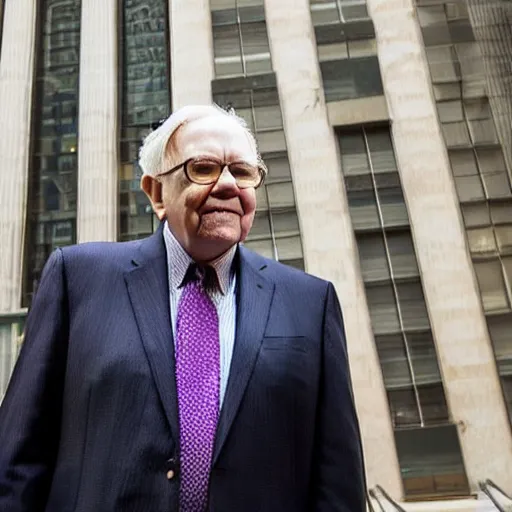 Image similar to warren buffet in thanos body standing outside wall street stock exchange, reality, realistic, detailed, 8 k, award winning, wide shot,