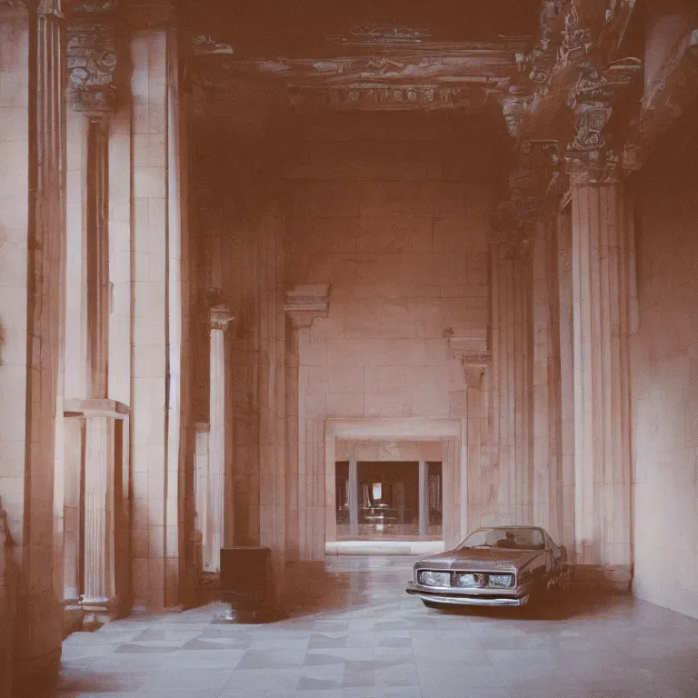 Image similar to 1 9 7 0 s car inside a marble temple, film photo, soft lighting album cover, nostalgia, gradient, light reflection